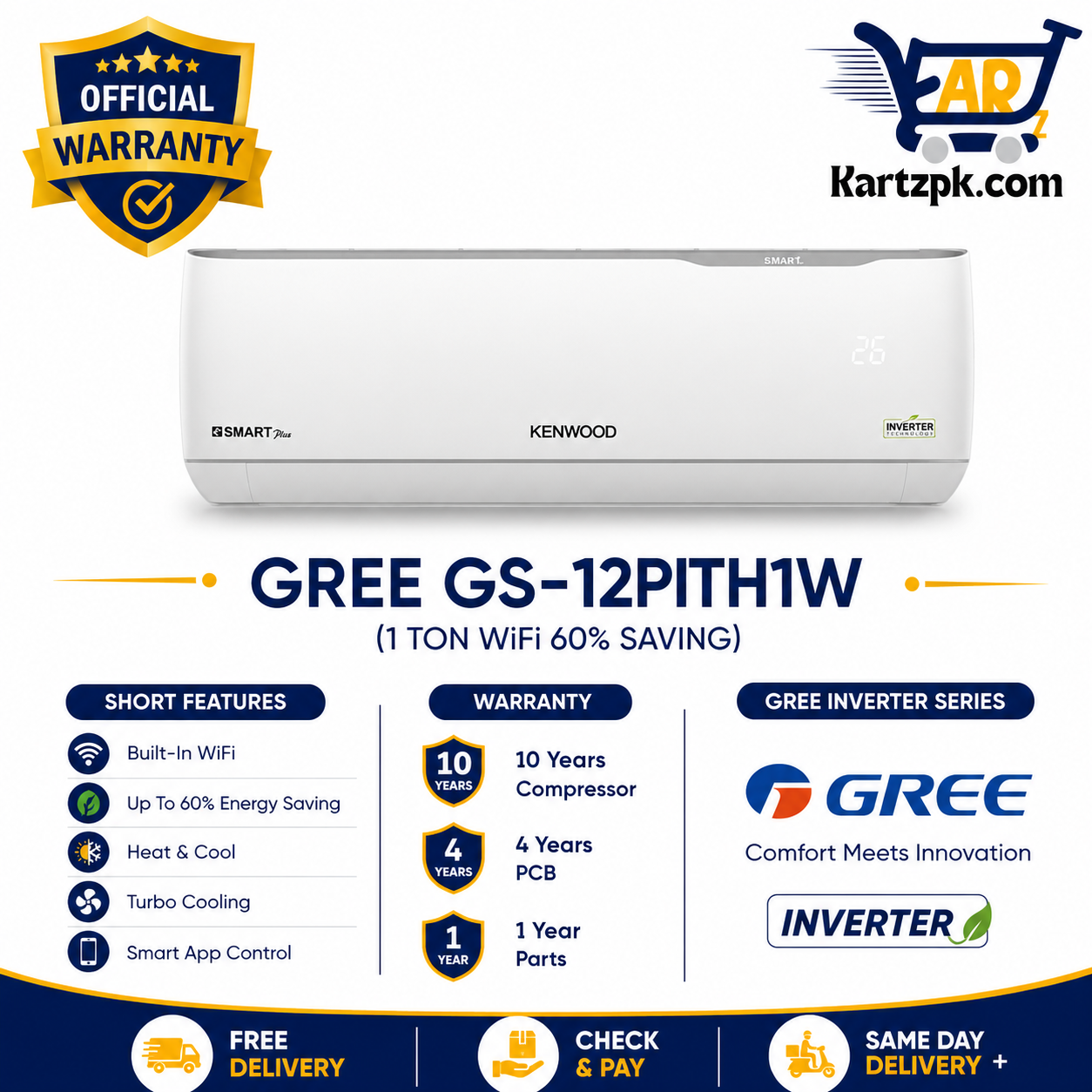 Gree 1 Ton Inverter AC Wifi 60% Saving GS 12PITH1W