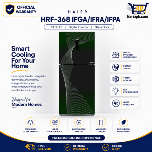 HAIER (HRF-368) IFGA/IFRA/IFPA Glass Door + Digital Inverter Refrigerator | 13 cu ft