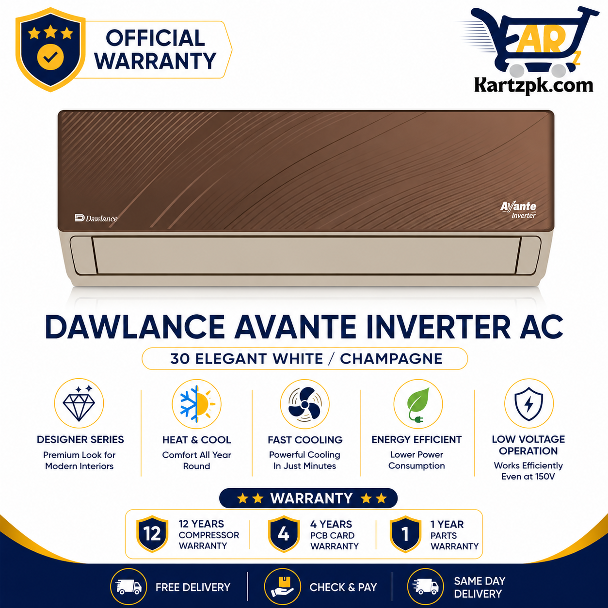 Dawlance Avante Inverter 30 1.5 Ton Air Conditioner Elegant white / Designer Champagne