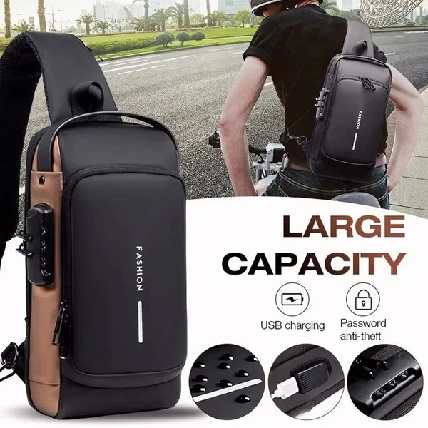 Fashion Sling Bag With Combination Lock, USB Charging Port, Water Proof