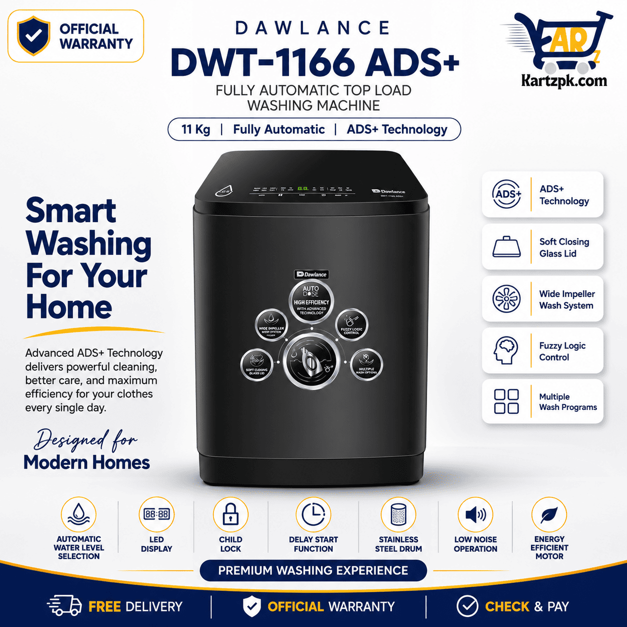 Dawlance (DWT-1166) ADS+ Top Load Automatic Washing Machine | 11 Kg