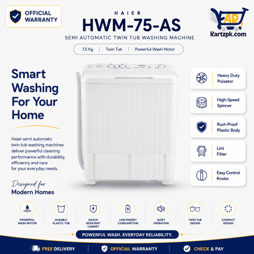 Haier Semi Auto Twin Tub Washing Machine (HWM-75-AS) | 7.5 Kg